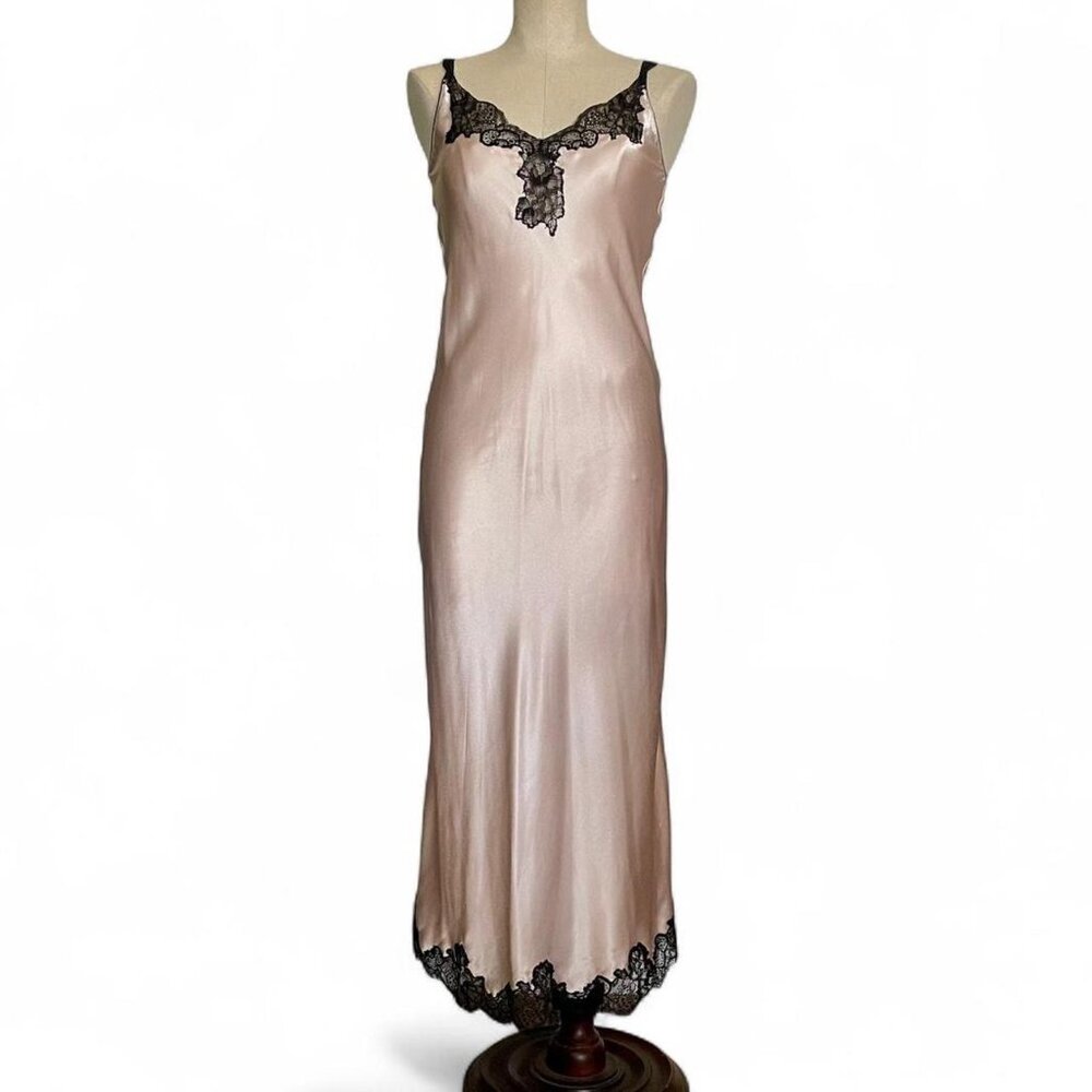 Oscar De La Renta Blush Pink Long Satin Slip Dress with Black Lace - Size XS - Picture 3 of 11